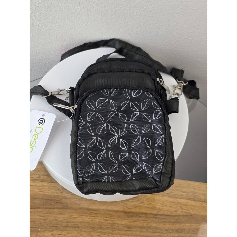 @Design Black Leaf Print Nylon Small Crossbody Bag 3-Zip Travel Pouch NEW